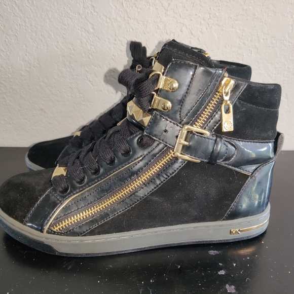 Michael Kors glam studded black suede gold pyramid stud hightop sneakers - Picture 1 of 8